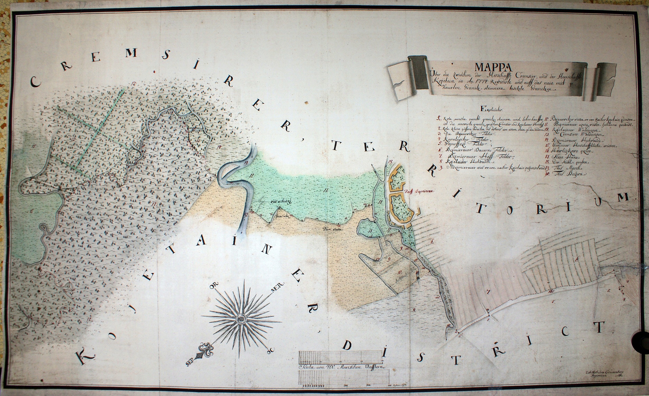 Historická mapa hranic panství kroměřížského a kojetínského z roku 1774 (ZAO, ÚŘAS, ič. 54763)