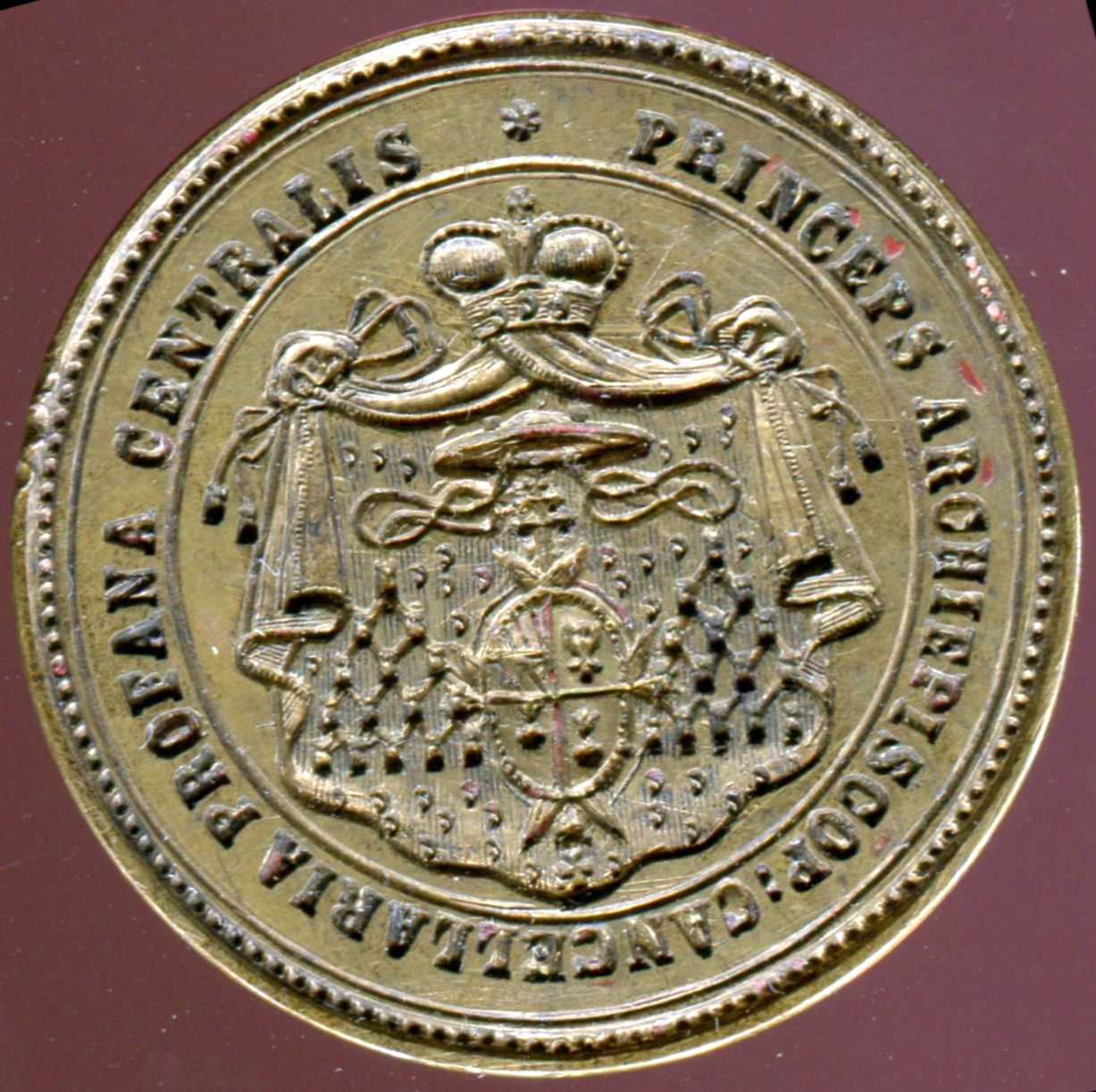 Pečetidlo Ústředního ředitelství arcibiskupských statků Kroměříž, 1916–1920, znak arcibiskupa Lva Skrbenského (ZAO, ÚŘAS, ič. 58144)