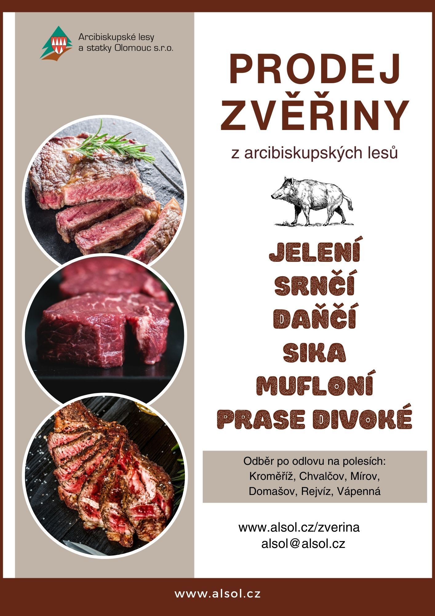 Prodej zvěřiny, jelen, srnčí, daňčí, sika, muflon, prase divoké, Arcibiskupské lesy a statky Olomouc