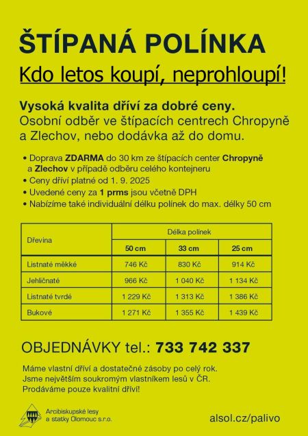 štípaná polínka Chropyně a Zlechov, štípané palivové dříví